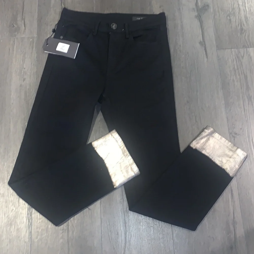 Rag & Bone NWT Bilbury Ankle Cigarette Metallic Hem Jean Size 25 Black/Gold - Picture 7 of 14